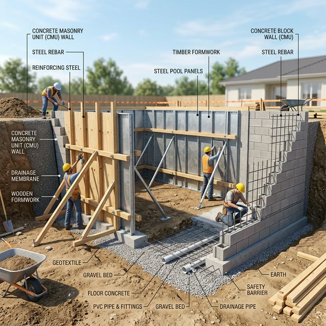 Comparatif des structures de piscine en kit : bois, acier et béton