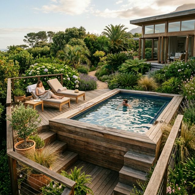 Piscine bois semi-enterrée intégrée dans une terrasse