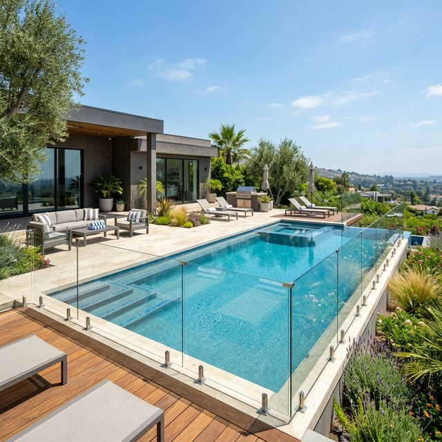 Piscine moderne sécurisée par une élégante barrière en verre