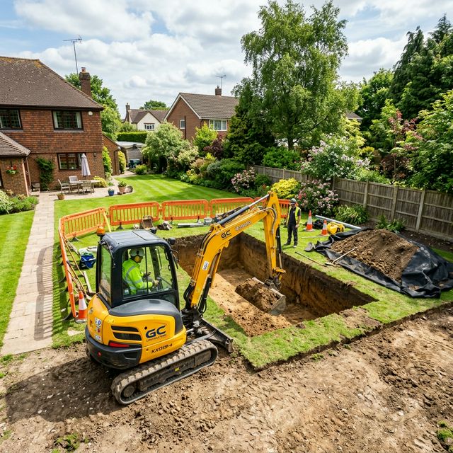 Mini-pelle réalisant le terrassement d'une piscine dans un jardin